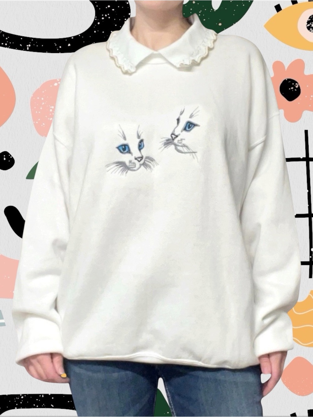 Vintage✨ | Fruit of the Loom | Cat Portrait Embroidered Knit Collar Sweater